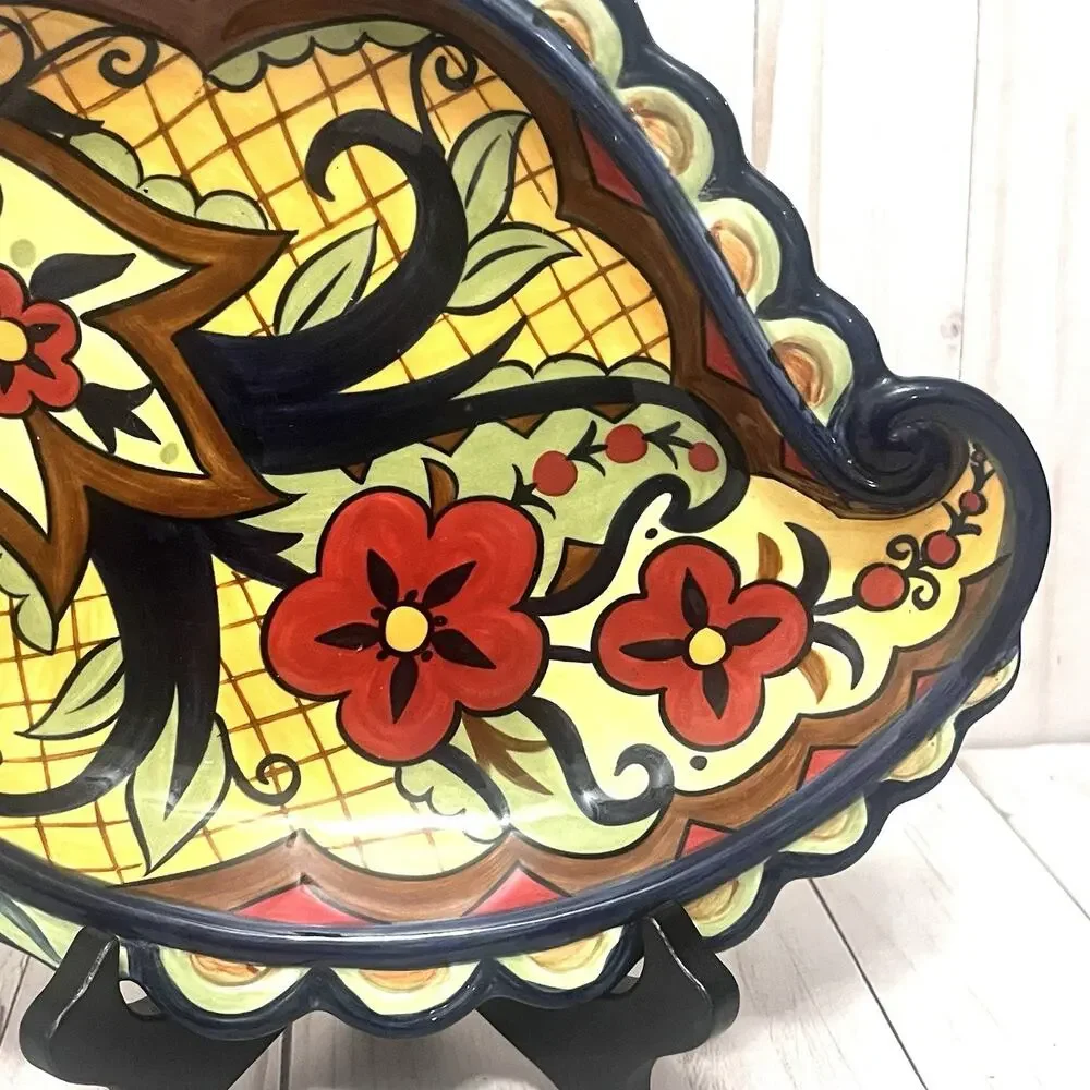 Vintage Corsica Home Hand-Painted Ceramic Dish – Paisley Leaf Shape, 9.5” x 8”
